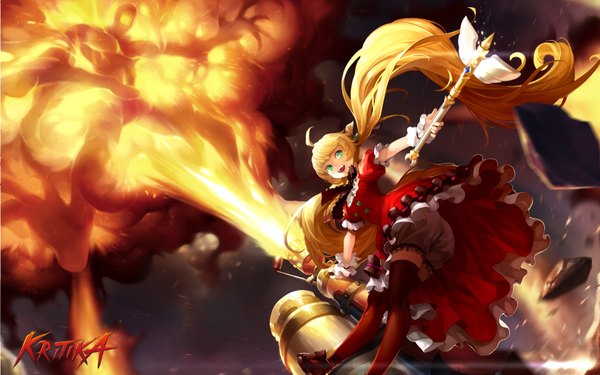 Anime picture 1680x1050 with kritika single fringe open mouth blonde hair smile twintails green eyes looking away ahoge very long hair inscription wallpaper explosion girl thighhighs dress weapon red dress huge weapon