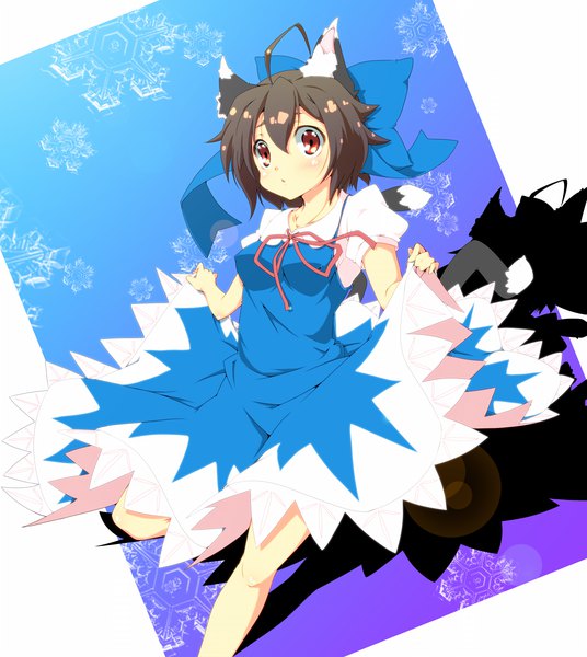 Anime picture 1543x1728 with touhou cirno chen haruyonoto single tall image looking at viewer short hair breasts red eyes brown hair standing animal ears ahoge tail animal tail cat ears short sleeves cat girl cat tail