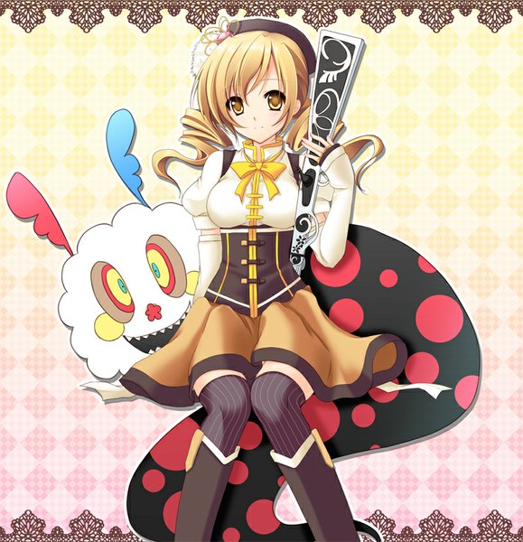 Anime picture 800x828 with mahou shoujo madoka magica shaft (studio) tomoe mami mizukoshi mayu long hair tall image blush blonde hair smile twintails yellow eyes drill hair underbust girl thighhighs dress hair ornament weapon detached sleeves boots