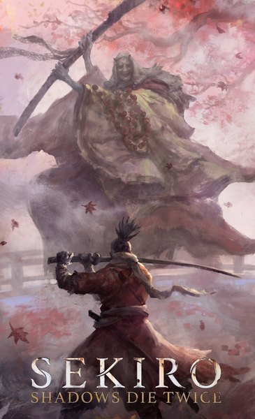 Anime picture 1200x1975 with sekiro: shadows die twice from software sekiro corrupted monk zhuoxin ye tall image short hair black hair standing holding ponytail traditional clothes japanese clothes copyright name fighting stance boy weapon sword scarf katana