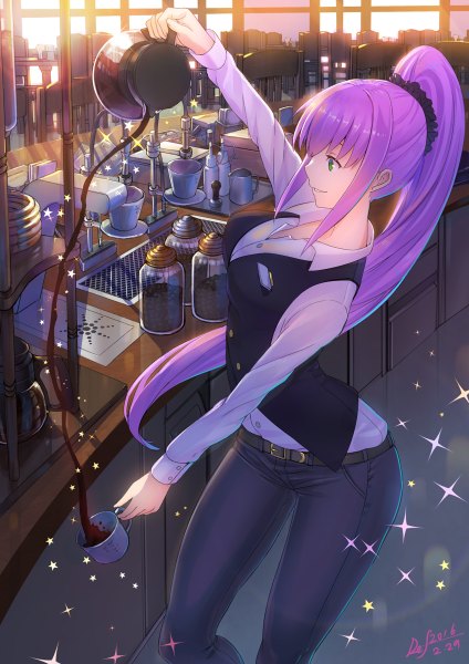 Anime picture 848x1200 with original def (chronowarld) single long hair tall image fringe breasts smile signed payot purple hair ponytail indoors profile from above sunlight sparkle outstretched arm dated spread arms