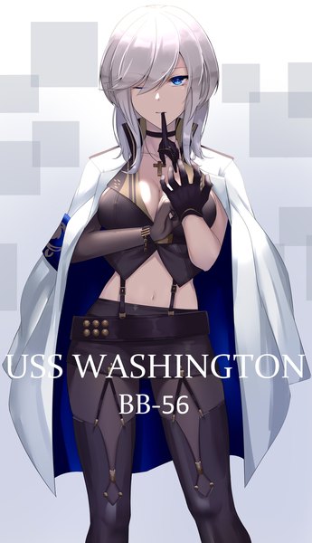 Anime picture 1300x2258 with azur lane washington (azur lane) eternity (shadeh) single tall image looking at viewer fringe short hair breasts blue eyes light erotic simple background hair between eyes standing holding cleavage silver hair one eye closed wink sunlight