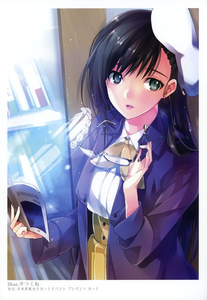 Anime picture 2406x3475 with original taira tsukune single long hair tall image highres open mouth blue eyes black hair scan girl glasses book (books) beret