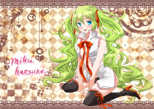 Anime picture 1200x856 with vocaloid hatsune miku ginshachi (artist) single looking at viewer blush light erotic smile sitting twintails bare shoulders very long hair aqua eyes green hair wariza checkered background girl thighhighs underwear panties