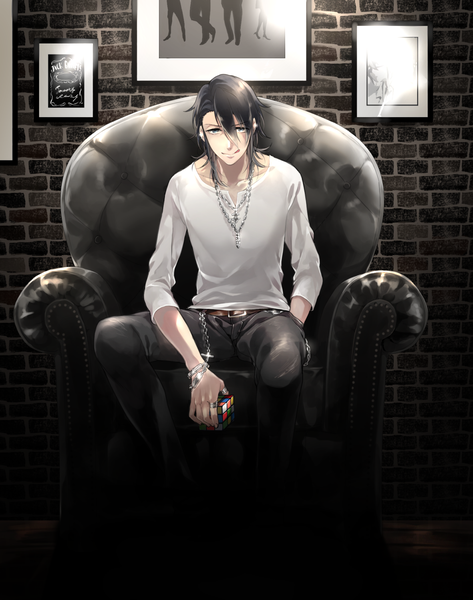 Anime picture 1184x1500 with k-project gohands (studio) fushimi niki noes single long hair tall image looking at viewer fringe black hair hair between eyes sitting black eyes piercing ear piercing hand in pocket brick wall boy bracelet tongue