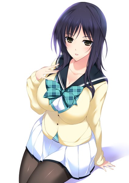 Anime picture 921x1304 with lovely x cation 2 hibiki works izumi wakoto minamon (vittel221) single long hair tall image looking at viewer blush light erotic black hair white background brown eyes girl skirt uniform school uniform pantyhose black pantyhose bowtie