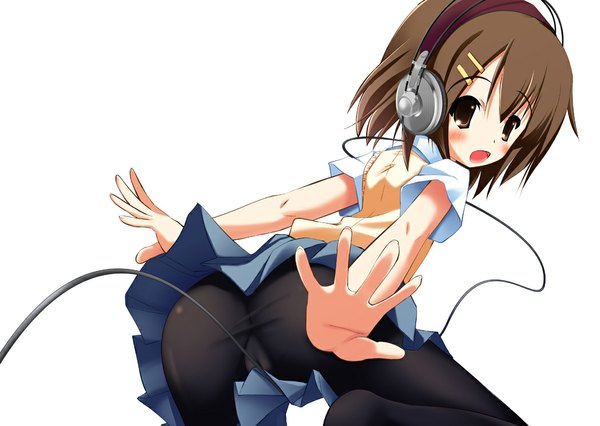 Anime picture 1049x746 with k-on! kyoto animation hirasawa yui kurozu single blush short hair open mouth light erotic simple background brown hair white background brown eyes ass looking back cameltoe spread arms girl uniform hair ornament