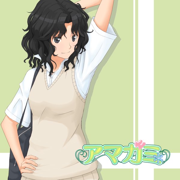 Аниме картинка 1000x1000 с амагами tanamachi kaoru gebo (artist) один (одна) короткие волосы чёрные волосы чёрные глаза девушка форма школьная форма рубашка жилет школьная сумка