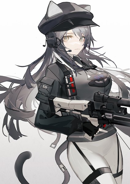 Anime-Bild 2480x3508 mit arknights schwarz (arknights) schwarz (skyline) (arknights) luozhou pile single long hair tall image looking at viewer highres simple background white background yellow eyes tail animal tail grey hair cat tail official alternate costume girl gloves weapon
