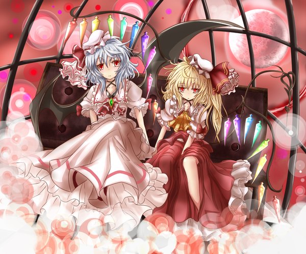 Anime picture 1800x1499 with touhou flandre scarlet remilia scarlet haru ion highres blonde hair red eyes multiple girls white hair bat wings girl weapon 2 girls wings moon laevatein (touhou)