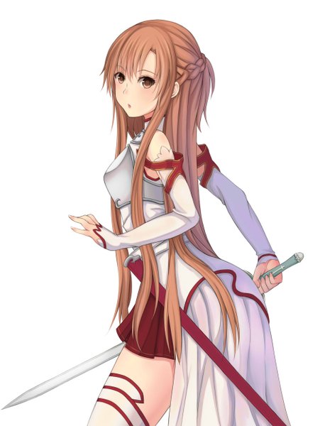 Anime picture 939x1250 with sword art online a-1 pictures yuuki asuna willgoon (artist) single long hair tall image looking at viewer blush simple background brown hair white background brown eyes girl thighhighs skirt weapon detached sleeves white thighhighs sword