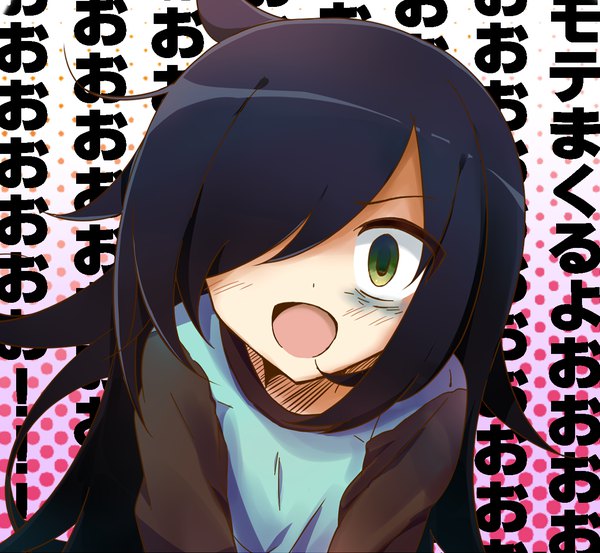 Anime picture 1300x1200 with watashi ga motenai no wa dou kangaetemo omaera ga warui! silver link kuroki tomoko fuuri (von@) single long hair blush fringe open mouth black hair upper body hair over one eye leaning leaning forward text polka dot messy hair polka dot background girl