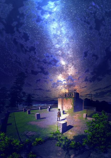Anime-Bild 1033x1462 mit original mocha (cotton) single tall image short hair black hair standing cloud (clouds) outdoors long sleeves from behind shadow sleeves past wrists horizon mountain scenic city lights milky way overgrown girl