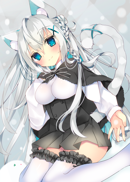 Anime-Bild 740x1035 mit original satsuki mayuri single long hair tall image looking at viewer blush fringe breasts blue eyes light erotic hair between eyes large breasts sitting animal ears cleavage silver hair tail braid (braids) animal tail