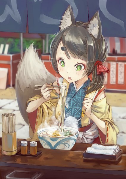 Anime picture 707x1000 with original suzuno (bookshelf) single long hair tall image blush green eyes animal ears ponytail tail traditional clothes japanese clothes animal tail grey hair fox ears side ponytail fox tail steam girl food