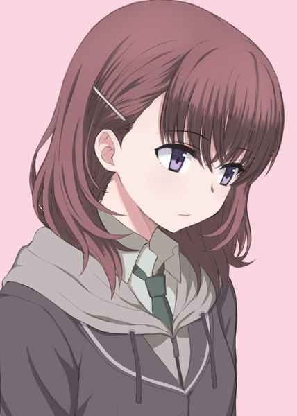 Anime picture 1000x1400 with just because! pine jam natsumi mio xingnai single tall image short hair simple background brown hair purple eyes upper body looking down pink background girl hairclip