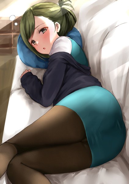 Anime picture 900x1280 with idolmaster idolmaster shiny colors nanakusa hazuki sg (esujii) single long hair tall image looking at viewer blush fringe breasts open mouth light erotic large breasts green eyes ass lying long sleeves green hair off shoulder