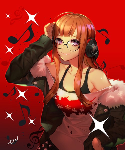 Anime-Bild 1000x1200 mit persona 5 persona sakura futaba eu (euspia) single long hair tall image looking at viewer fringe smile brown hair purple eyes signed blunt bangs off shoulder open jacket hand on hip hand on head red background treble clef