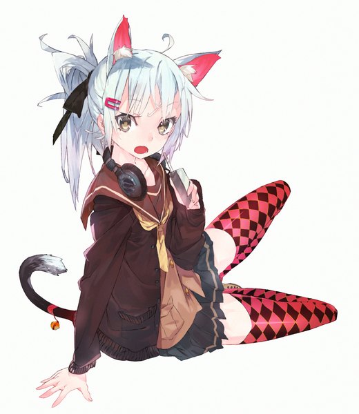 Anime picture 1736x2000 with original karei (hirameme) tall image looking at viewer highres open mouth simple background white background sitting animal ears yellow eyes ponytail aqua hair cat girl headphones around neck rhombus girl thighhighs hair ornament serafuku