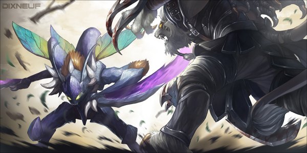 Anime picture 1200x600 with league of legends rengar (league of legends) kha'zix (league of legends) eirashard wide image yellow eyes teeth fang (fangs) fighting stance insect wings weapon wings claws