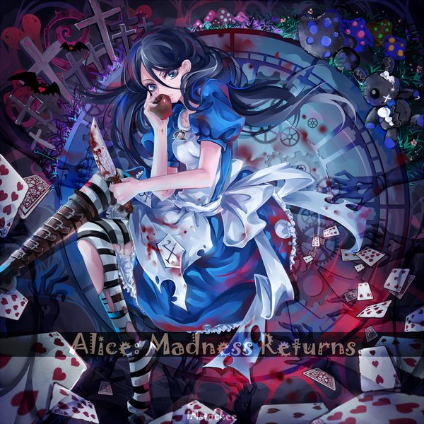 Anime picture 1200x1200 with american mcgee's alice (game) alice: madness returns alice (american mcgee's) instockee single long hair blue eyes black hair torn clothes girl thighhighs dress plant (plants) heart blood striped thighhighs cross knife card (cards) apple
