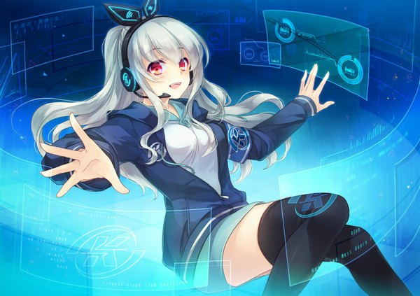 Anime picture 1919x1356 with krt girls k.r.t.girls nana (krt girls) shinia single long hair looking at viewer fringe highres open mouth red eyes bent knee (knees) white hair open jacket spread arms blue background girl thighhighs skirt black thighhighs