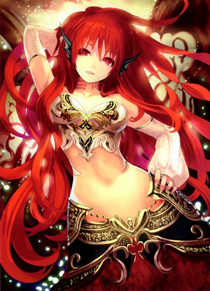 Anime picture 3343x4628 with original tachikawa mushimaro (bimo) single long hair tall image looking at viewer highres open mouth red eyes absurdres red hair scan midriff hand on hip wavy hair girl detached sleeves