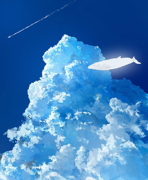 イラスト 800x970 と オリジナル 青藤スイ ソロ 長身像 空 cloud (clouds) glowing flying no people 飛行機雲 footprints 動物 航空機 飛行機 whale