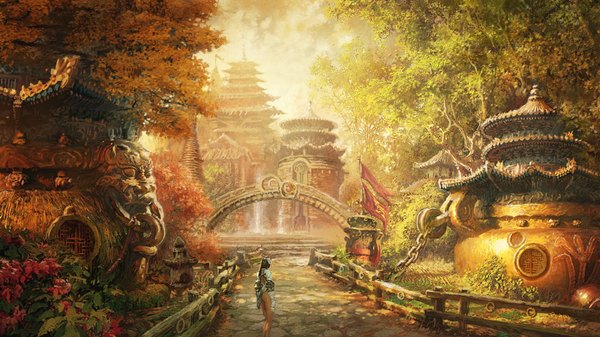 Anime picture 1600x900 with blade & soul kim hyung tae single long hair black hair wide image alley girl flower (flowers) plant (plants) tree (trees) building (buildings) chain banner