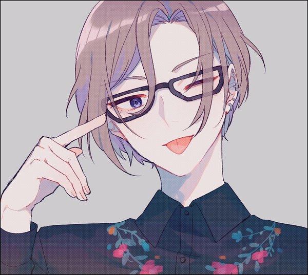 Anime picture 1000x896 with a3! settsu banri yamada chickenko single looking at viewer short hair simple background brown hair purple eyes head tilt one eye closed wink grey background piercing ear piercing bespectacled boy shirt glasses tongue