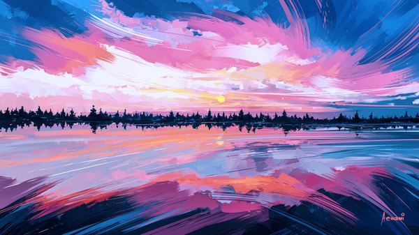 Anime picture 1920x1080 with original aenami highres wide image signed sky cloud (clouds) wallpaper reflection no people landscape scenic plant (plants) tree (trees) sun