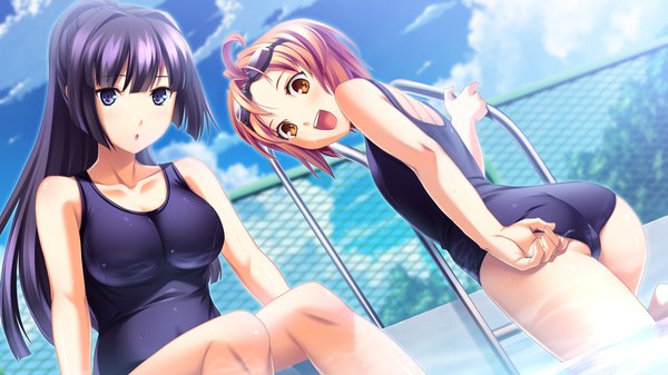 Anime picture 1280x720 with izuna zanshinken (game) long hair short hair open mouth blue eyes light erotic wide image multiple girls game cg purple hair orange hair orange eyes girl 2 girls swimsuit one-piece swimsuit school swimsuit