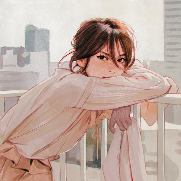 Anime picture 1080x1080 with original ilya kuvshinov single looking at viewer fringe short hair black hair smile brown hair holding brown eyes outdoors lips realistic arm support leaning leaning forward city crossed arms cityscape