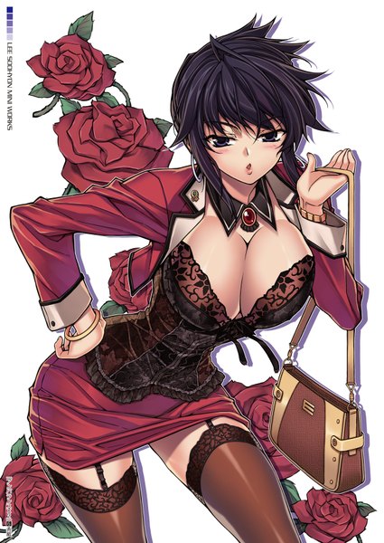 Anime picture 1218x1720 with unbalance unbalance hae-young na soo-hyon lee tall image looking at viewer blush short hair breasts open mouth light erotic black hair large breasts purple eyes cleavage open clothes open shirt girl thighhighs skirt flower (flowers)