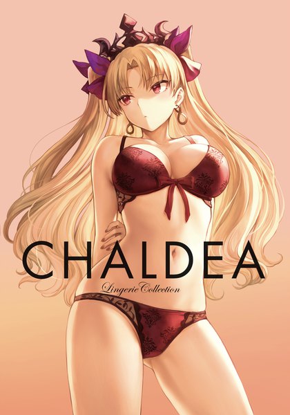 Anime picture 3189x4556 with fate (series) fate/grand order ereshkigal (fate) mashuu (neko no oyashiro) single long hair tall image blush fringe highres breasts light erotic simple background blonde hair red eyes large breasts standing looking away absurdres cleavage