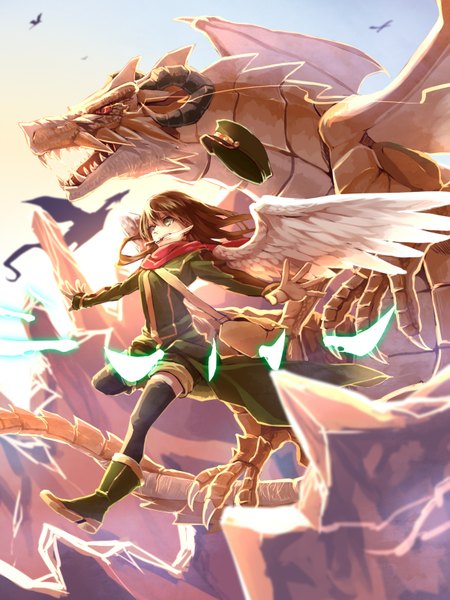 Anime picture 1200x1600 with original pixiv fantasia pixiv fantasia new world pim (pfnw) beet (pfnw) pietani 397 single long hair tall image blush open mouth red eyes brown hair green eyes looking away wind magic spread arms mountain angel wings