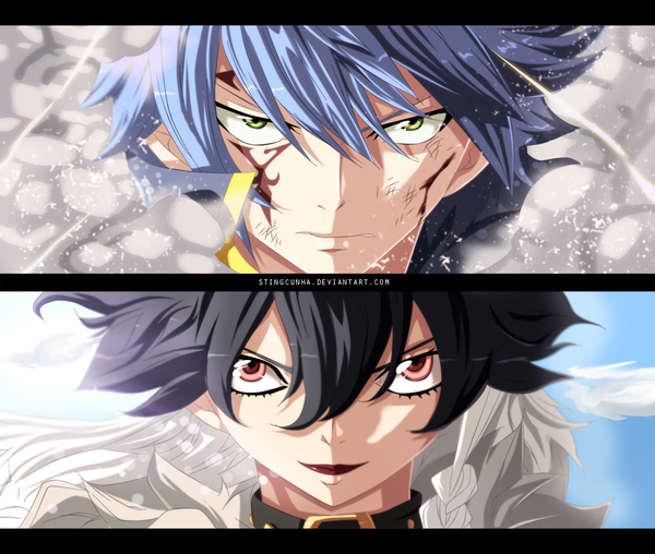 Anime picture 2000x1695 with fairy tail jellal fernandes midnight (fairy tail) stingcunha fringe highres short hair black hair hair between eyes red eyes green eyes blue hair sky cloud (clouds) multiple boys tattoo lipstick coloring facial mark letterboxed