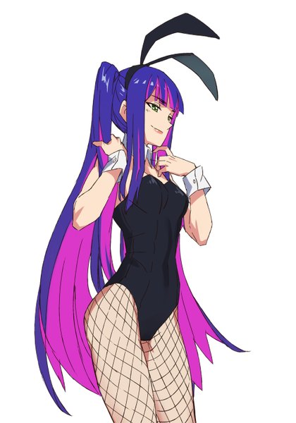 Anime picture 1000x1428 with panty & stocking with garterbelt anarchy stocking lolik single tall image fringe light erotic simple background smile standing white background green eyes animal ears looking away pink hair purple hair ponytail very long hair multicolored hair two-tone hair