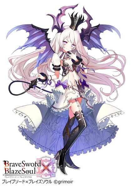 Anime-Bild 1200x1670 mit brave sword x blaze soul gaou (umaiyo puyoman) single tall image looking at viewer blush fringe breasts light erotic simple background standing white background purple eyes silver hair full body tail horn (horns) official art bare belly high heels