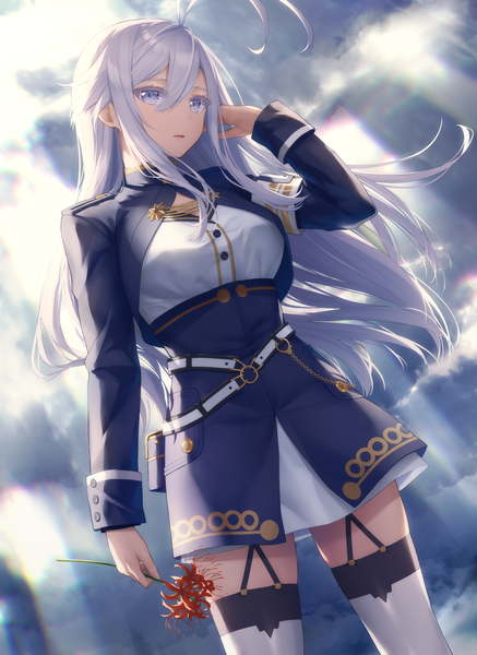 Anime picture 2374x3260 with 86 -eightysix- vladilena millize haribote (tarao) single long hair tall image fringe highres open mouth hair between eyes standing holding sky silver hair cloud (clouds) ahoge outdoors long sleeves head tilt :d