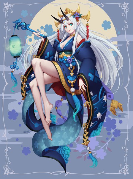 Anime-Bild 1251x1673 mit onmyoji aoandon mool yueguang single long hair tall image looking at viewer fringe breasts light erotic smile holding signed cleavage silver hair full body bent knee (knees) traditional clothes japanese clothes barefoot