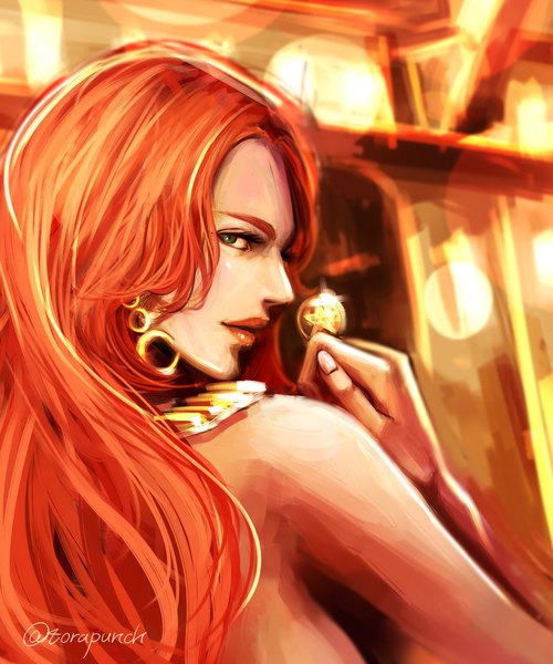 Anime picture 1708x2048 with one piece one piece film: gold toei animation baccarat (one piece) torapunch single long hair tall image looking at viewer highres bare shoulders holding green eyes signed payot upper body red hair profile looking back lips