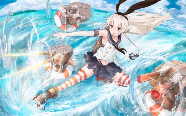 Anime picture 2000x1250 with kantai collection shimakaze destroyer rensouhou-chan you shimizu long hair highres open mouth blonde hair wide image one eye closed wink grey eyes zettai ryouiki pointing > < girl thighhighs skirt gloves navel