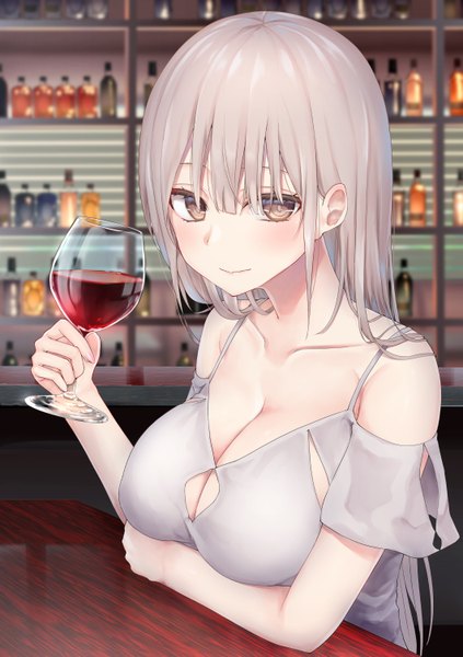 Anime picture 1062x1505 with original piripun single long hair tall image looking at viewer blush fringe breasts light erotic hair between eyes large breasts sitting holding brown eyes cleavage silver hair upper body indoors arm up