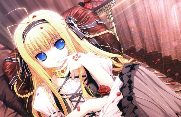 Anime picture 3485x2251 with dragon crisis! rose (dragon crisis) akata itsuki long hair highres blue eyes blonde hair absurdres ahoge loli lolita fashion girl flower (flowers) ribbon (ribbons) petals hairband rose (roses) jewelry armchair