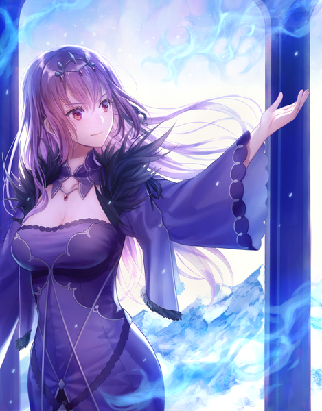 Anime picture 860x1100 with fate (series) fate/grand order scathach (fate) (all) scathach skadi (fate) yamyom single long hair tall image fringe breasts hair between eyes red eyes large breasts standing looking away cleavage purple hair wide sleeves fur trim floating hair