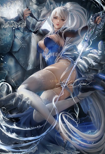 Anime-Bild 684x1000 mit rwby rooster teeth weiss schnee sakimichan tall image looking at viewer fringe breasts blue eyes light erotic hair between eyes large breasts holding signed cleavage full body ass white hair ponytail very long hair