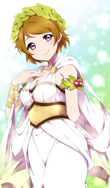 Anime picture 1000x1700 with love live! school idol project sunrise (studio) love live! koizumi hanayo sekina single tall image looking at viewer blush short hair smile brown hair standing cleavage traditional clothes pink eyes alternate costume girl food bracelet