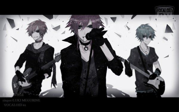 Anime picture 1098x689 with vocaloid hatsune mikuo megurine luki meito ibuki (artist) short hair pink hair aqua hair multiple boys letterboxed boy gloves scarf microphone guitar 3 boys microphone stand bass guitar