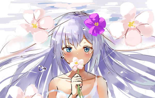 Anime picture 3892x2470 with original derby (dabidabi) single long hair looking at viewer blush fringe highres blue eyes hair between eyes bare shoulders holding payot absurdres silver hair upper body ahoge hair flower floating hair symbol-shaped pupils